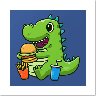 Cute Dinosaur Eating Burger Cartoon Posters and Art